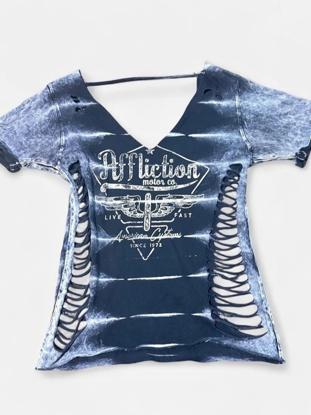 Affliction Distressed Graphic Short Sleeve Top in Blue